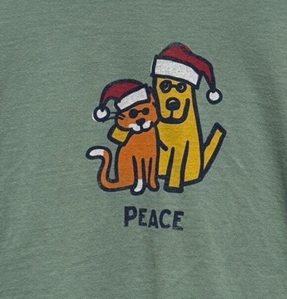 Life Is Good Tops - Life is Good Crusher Tee Women's Medium Peace Cat Dog Santa Hat Christmas Green